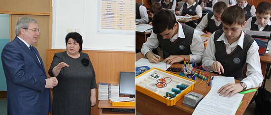 В ходе посещения лицея Виктор Толоконский также осмотрел учебные кабинеты, где проходят занятия специализированных классов