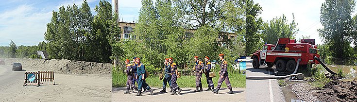 Аварийно-восстановительные работы в г. Бийске (слева часть защитной дамбы, которая сооружалась для сдерживания паводковых вод)