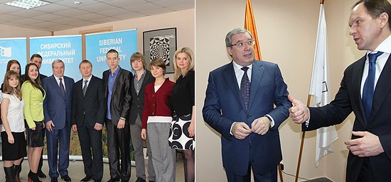 Виктор Толоконский и губернатор Красноярского края Лев  Кузнецов в студенческом штабе Универсиады-2019 в СФУ