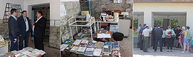 В ходе посещения пострадавших районов города (слева и в центре - последствия паводка в здании поликлиники)