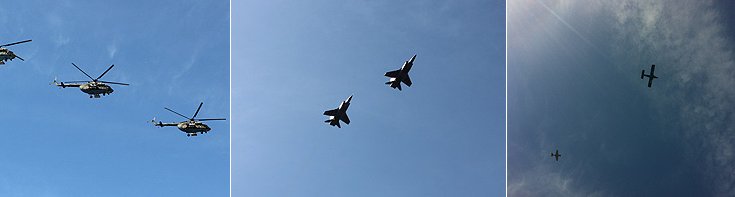 Впервые в параде приняла участие авиация - вертолеты Ми-8АМТШ-В, ударные Ми-24, сверхзвуковые истребители-перехватчики МиГ-31; также над площадью пролетел отреставрированный истребитель МиГ-3