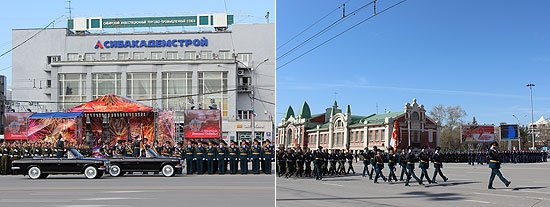 На главной площади Новосибирска состоялся военный парад войск Сибирского гарнизона. Торжественным маршем здесь прошли более 1,5 тыс. военнослужащих различных родов войск, расчеты курсантов военных вузов