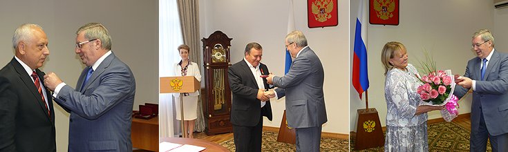 Слева направо: вручение награды Евгению Снегиреву, Александру Турлакову, Людмиле Кунунниковой