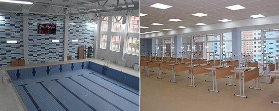 В здании школы размещен 25-метровый бассейн, спортивный зал, душевые и раздевалки